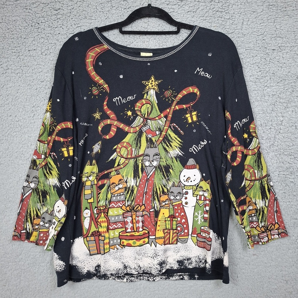 Jess & Jane "Meow" Christmas Holiday Rhinestone Women's Shirt Size XL Fun USA